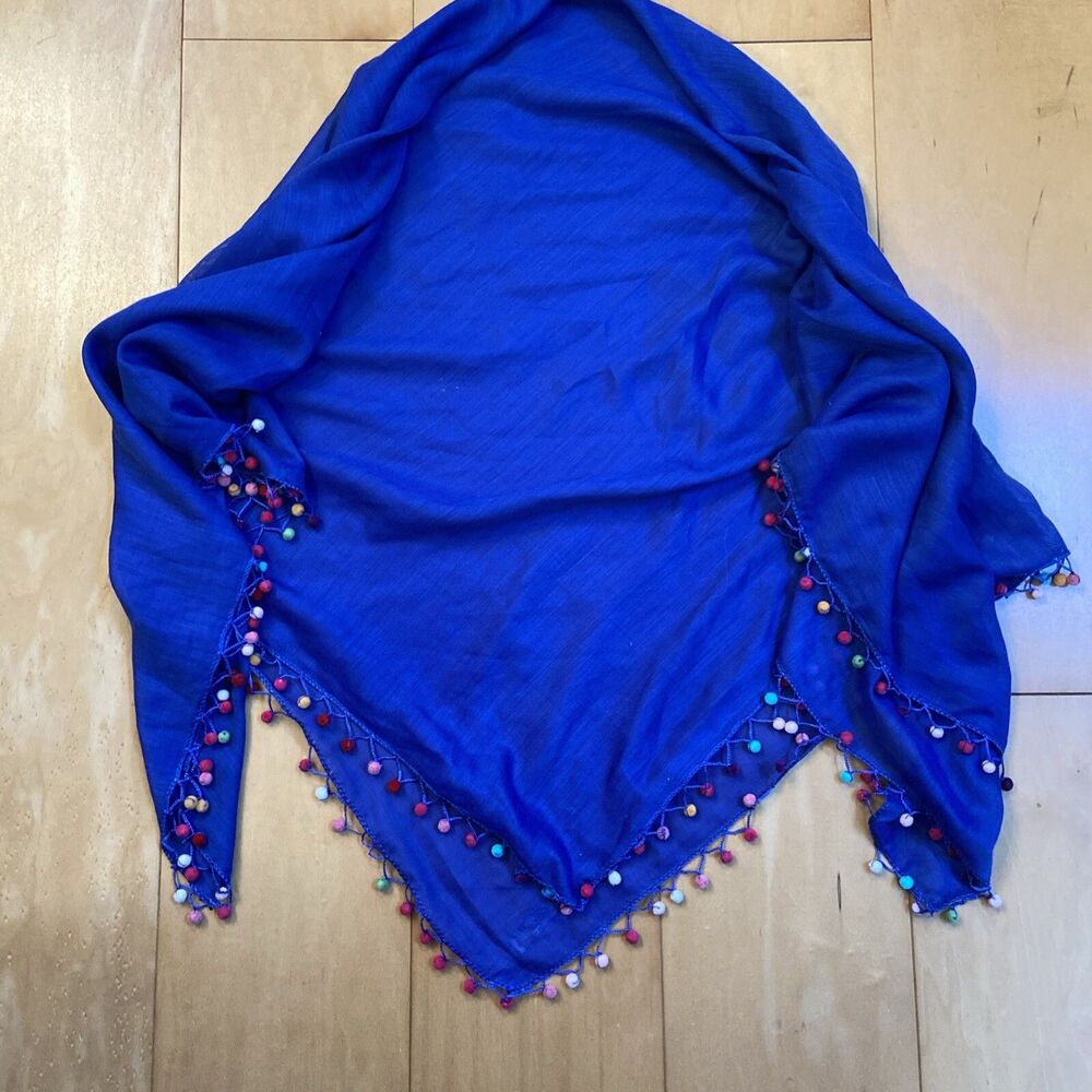ROYAL BLUE FUN gulsah Blue Square Shawl With Pom Pom Tassels